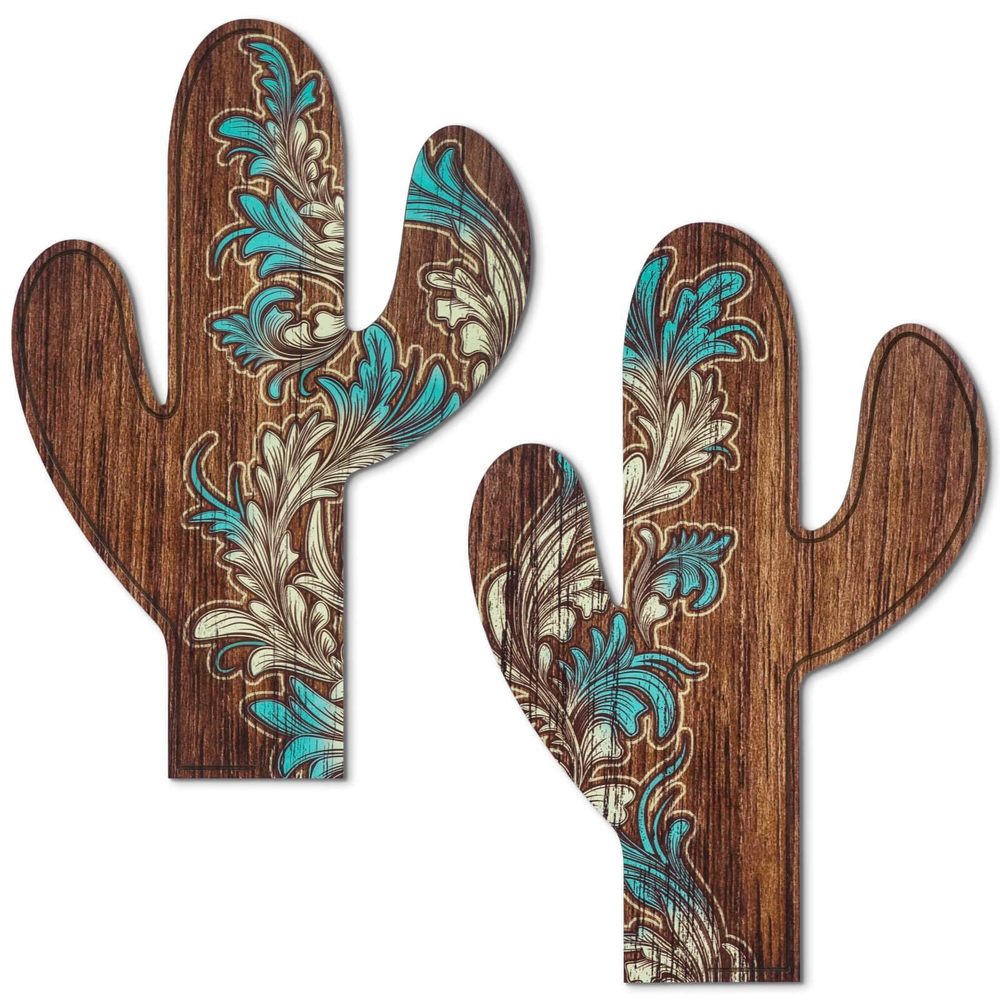 Putuo 2pcs Wood Cactus Art Boho Western Wall Decor - Vintage Western Decor For🤩